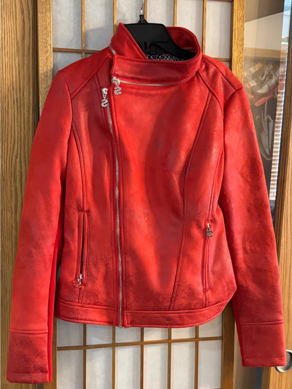 Desigual Red Faux Suede Moto Biker Jacket 38 (Small)